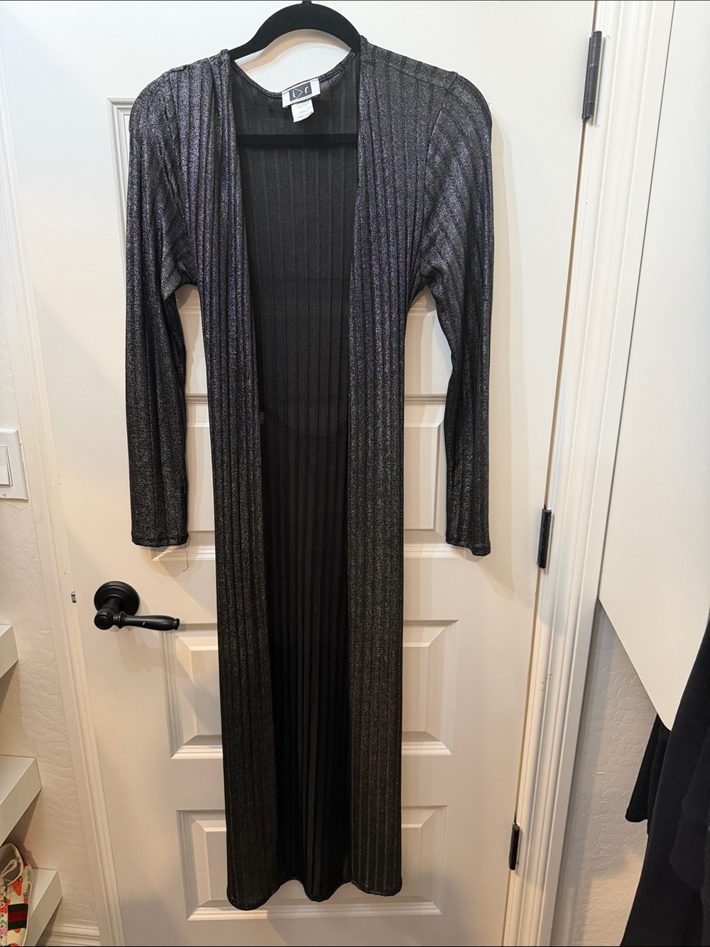 Metallic Ribbed Open-Front Long Sleeve Maxi Dress - Black